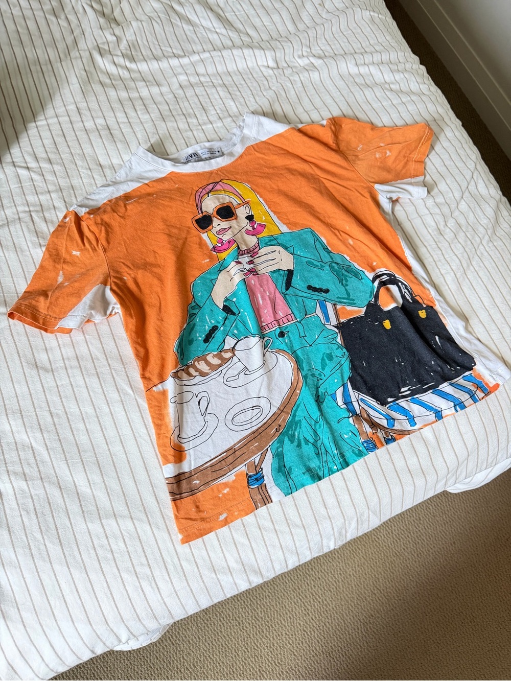 Zara Orange Graphic Short Sleeve Tee with Teal Illustration S